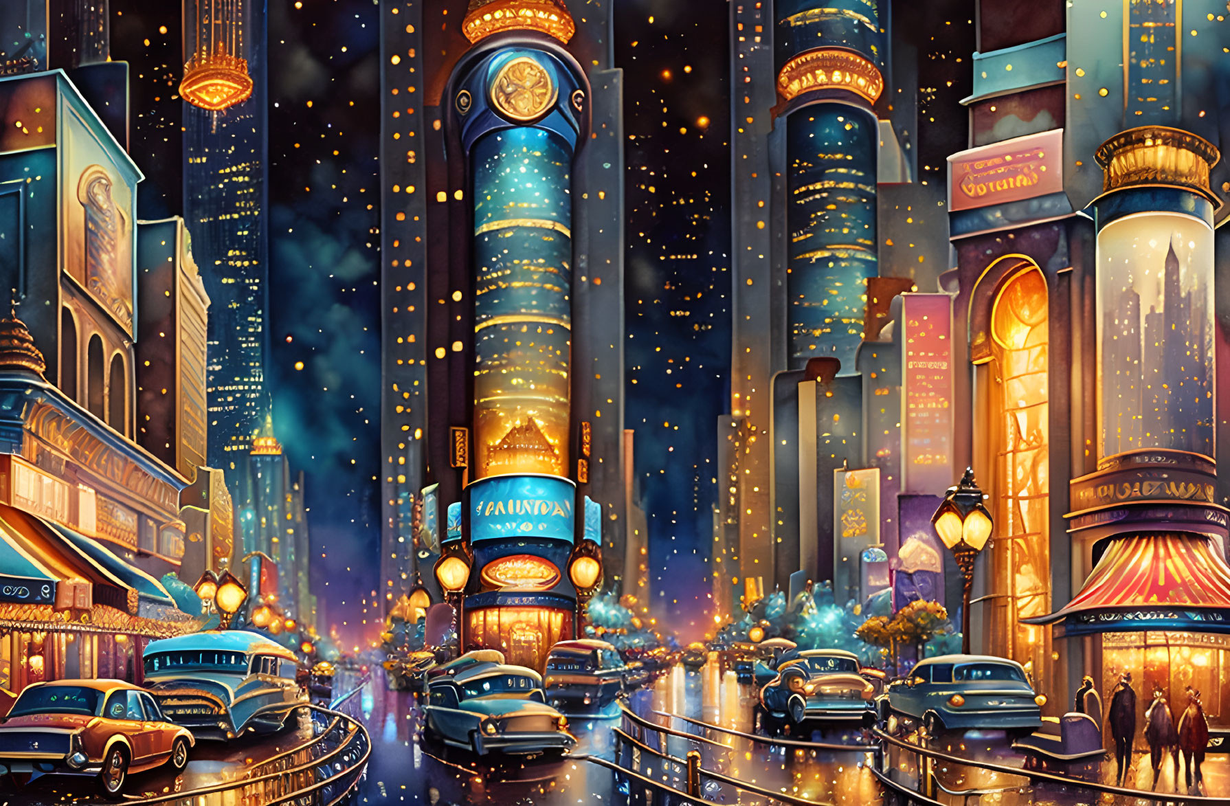 Illustrated cityscape at night: neon lights, vintage cars, pedestrians, starry sky