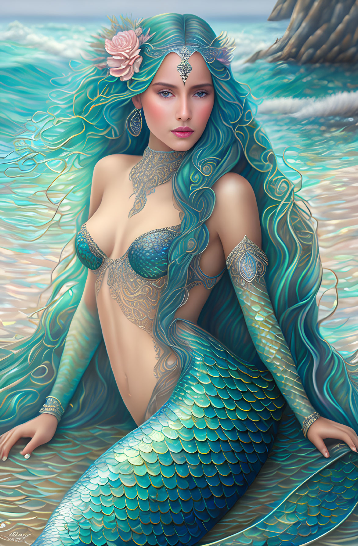 Mermaid with Long Teal Hair by the Sea