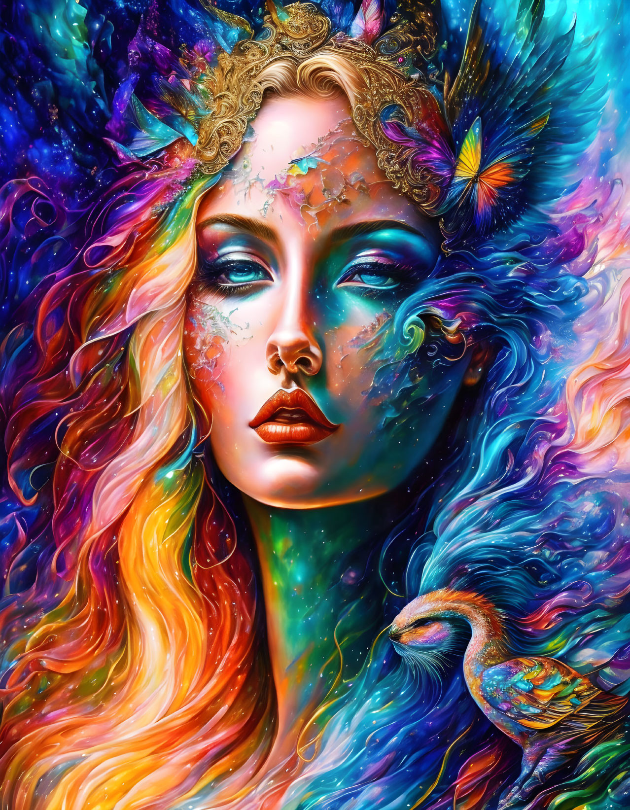 Colorful digital artwork: Woman with flowing hair, golden crown, butterfly, and peacock elements