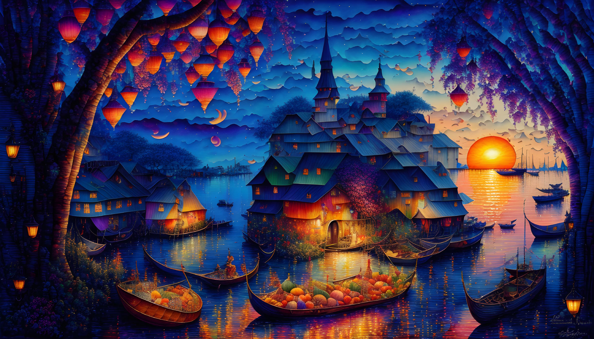 Colorful sunset landscape with lanterns, floating boats, village, and starry sky