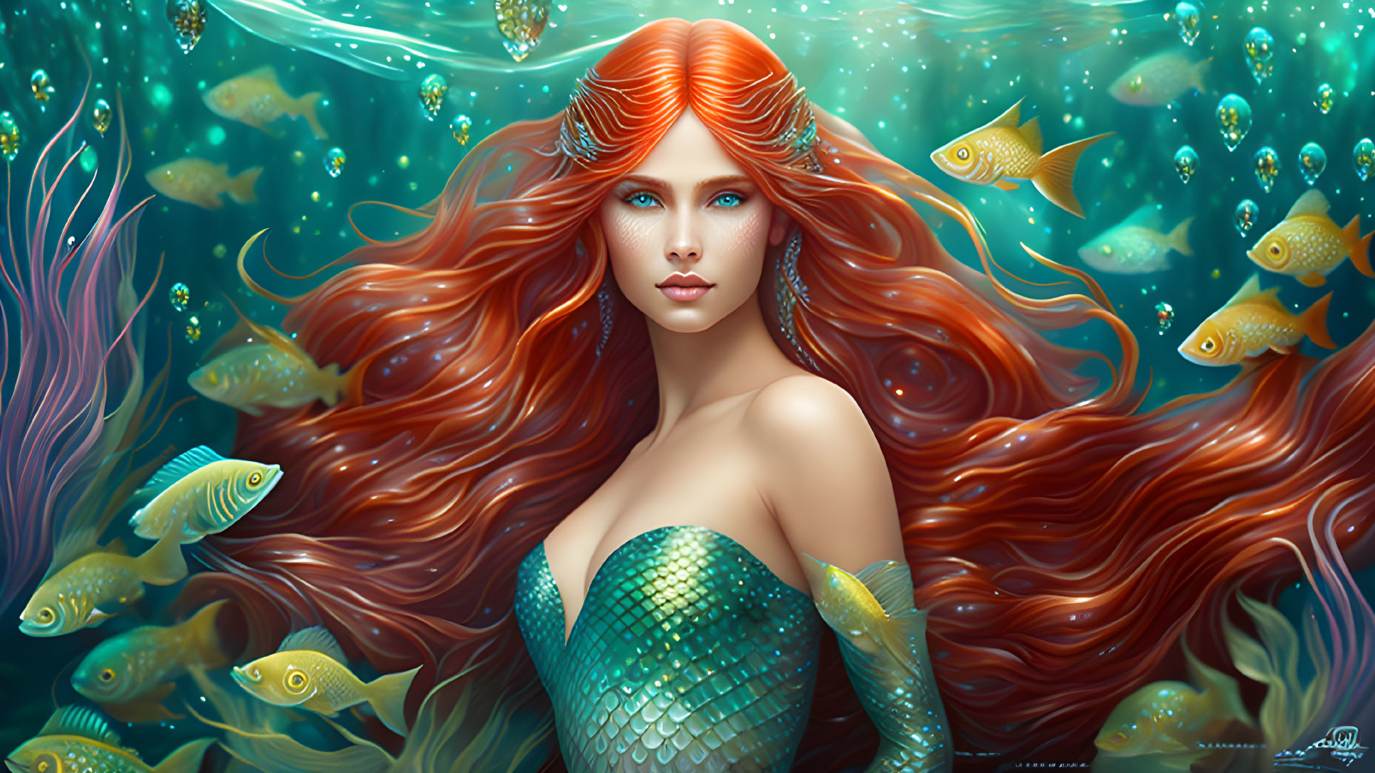 Colorful Mermaid Illustration with Red Hair and Teal Scales