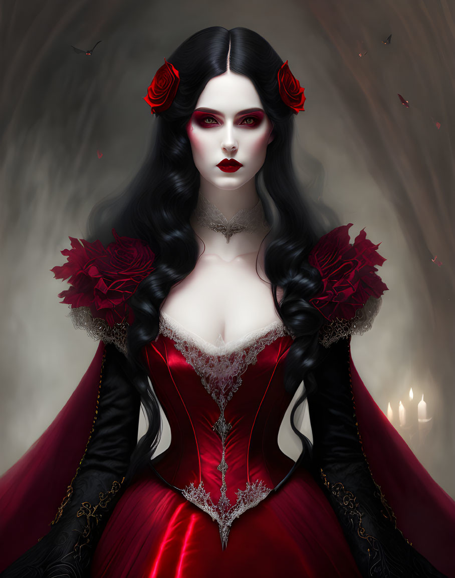 Pale-skinned woman in gothic red dress with bats on dark backdrop