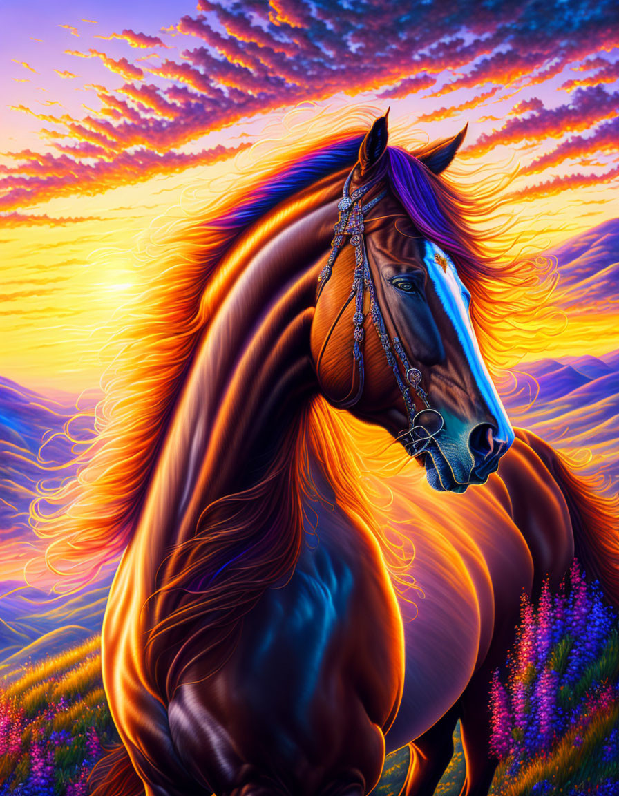 Majestic horse with fiery mane in colorful sunset landscape