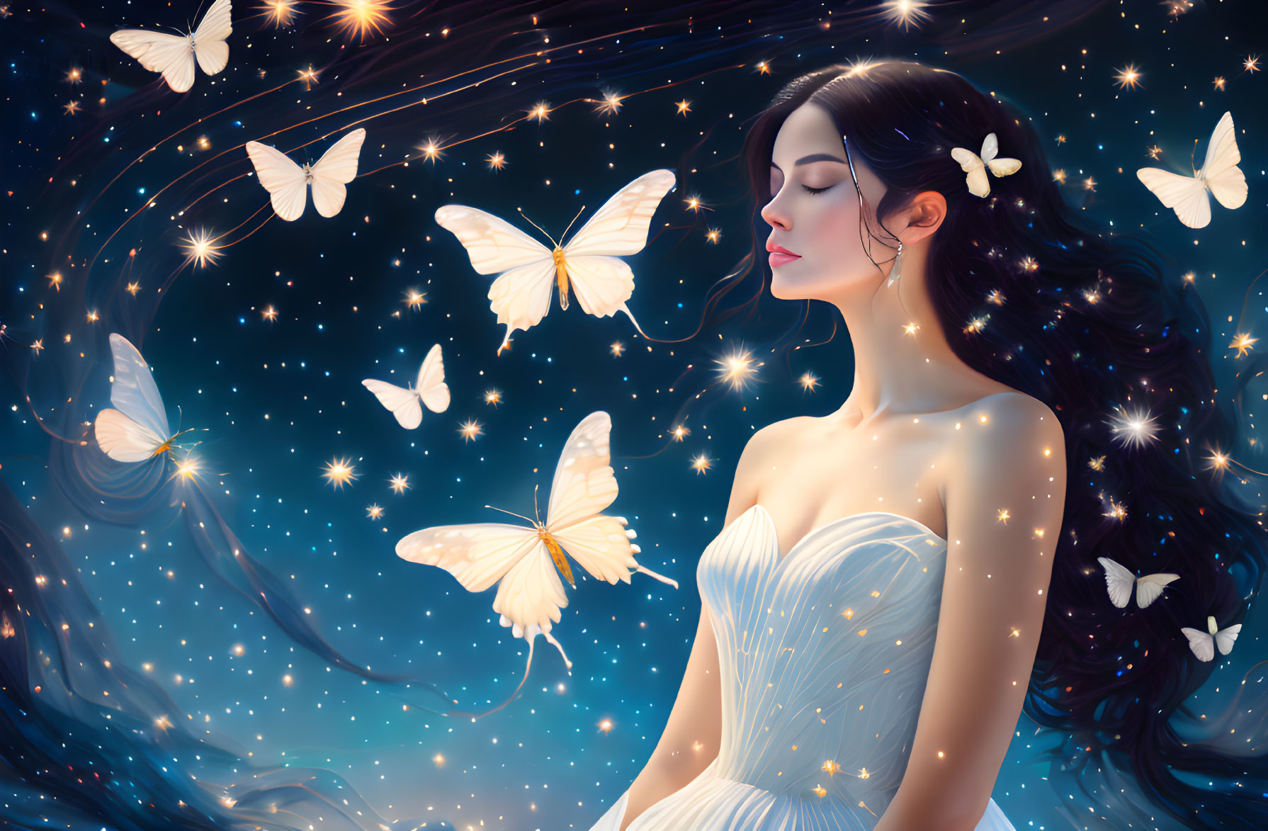 Dark-haired woman with butterflies in cosmic setting.