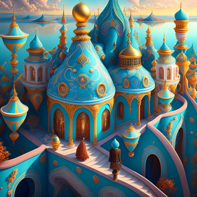 Fantasy landscape with ornate blue domes, golden accents, and intricate patterns