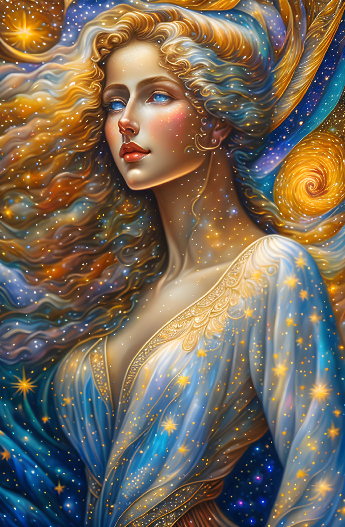 Illustrated woman with flowing hair and celestial motifs in starry gown surrounded by golden spirals