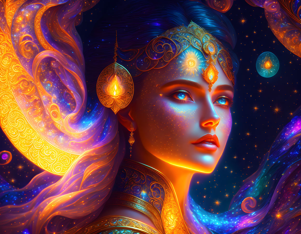 Digital artwork of woman with celestial features in cosmic setting