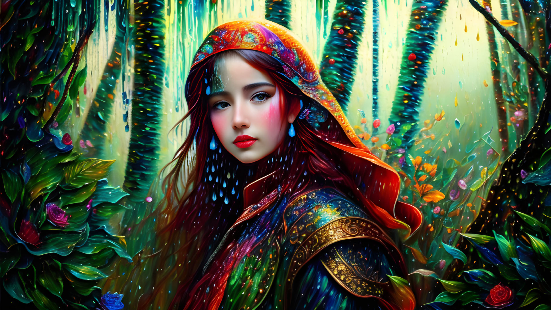 Digital artwork: Woman with red hair and colorful headscarf in floral fantasy rain.