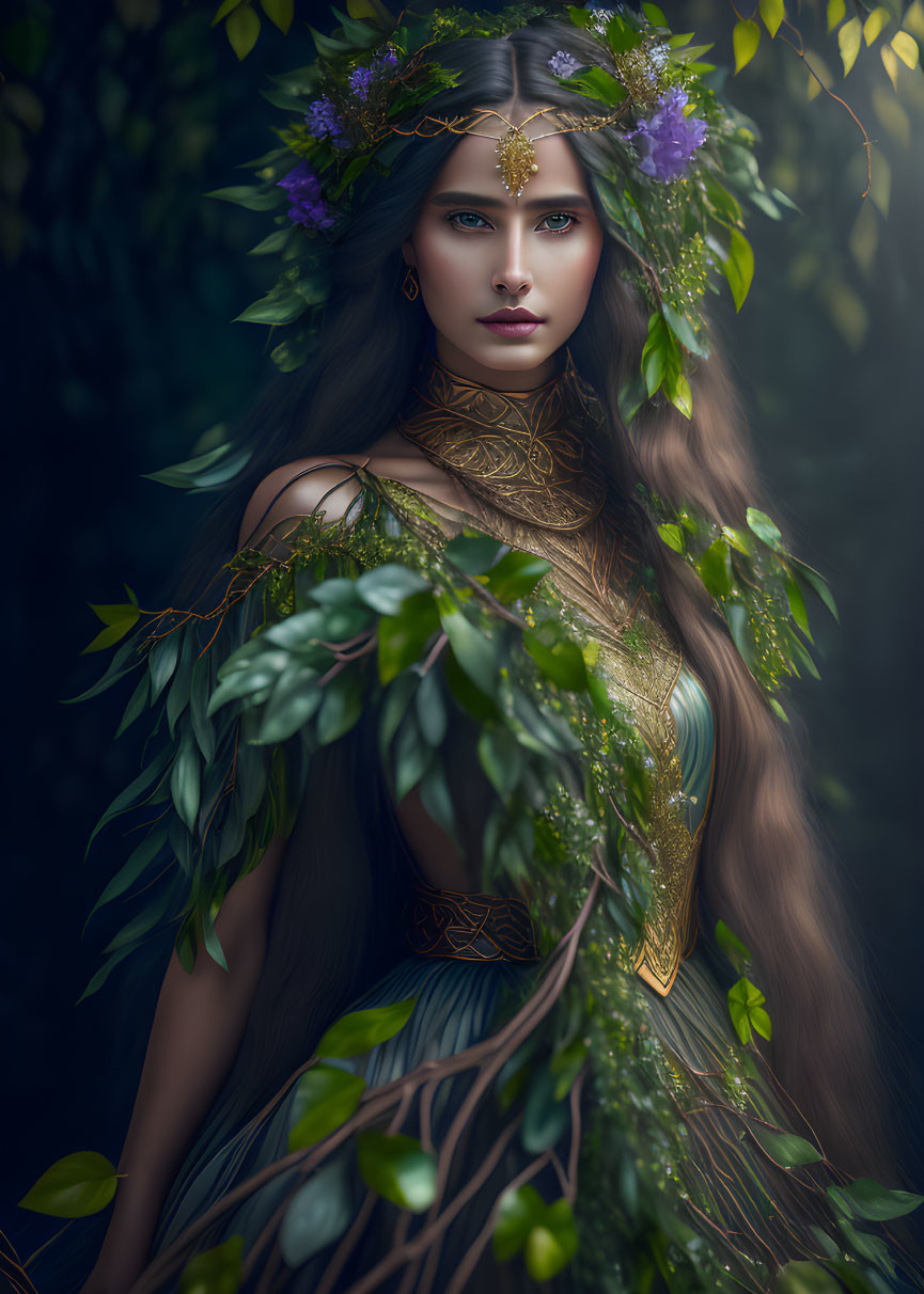 Woman in ethereal attire with floral crown and ornate jewelry among lush green foliage