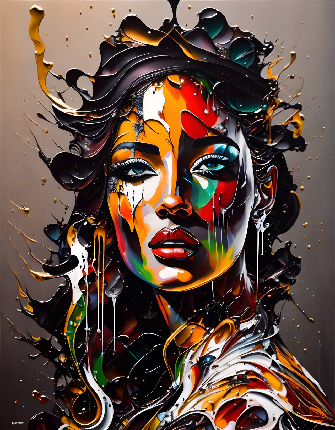 Colorful digital artwork of woman's face with paint splashes and drips