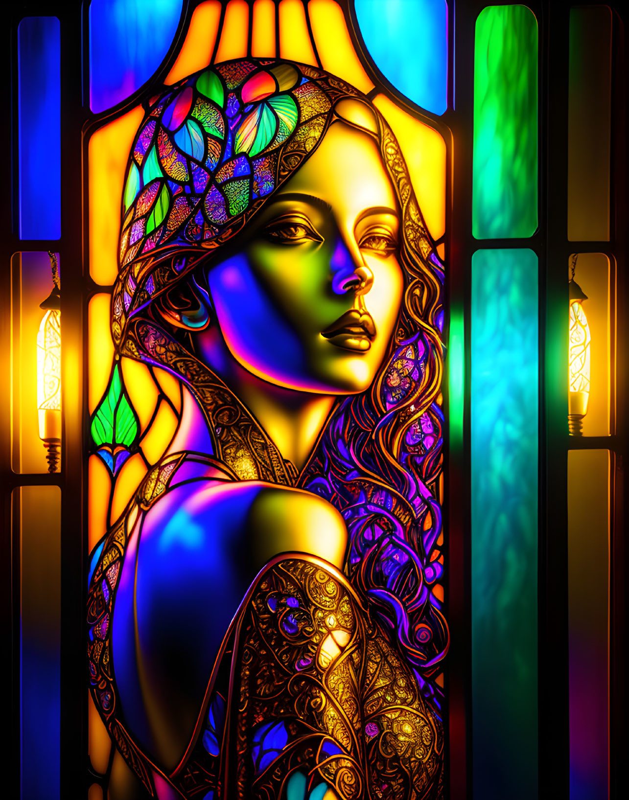 Colorful Stained-Glass Window with Woman Portrait and Lanterns