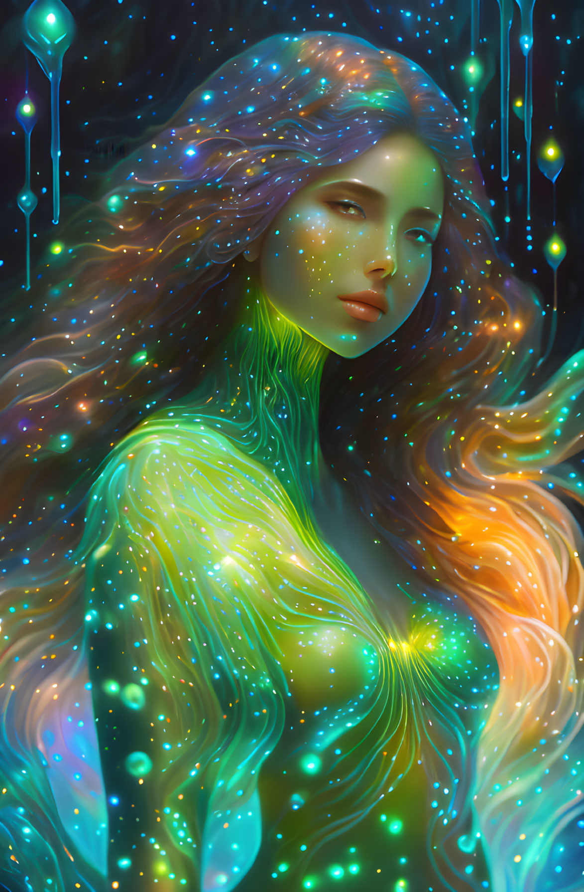 Vibrant surreal portrait of a woman merging with cosmic backdrop