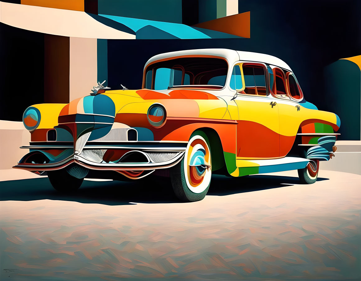 Colorful vintage car with bold yellow, red, and green hues on abstract background