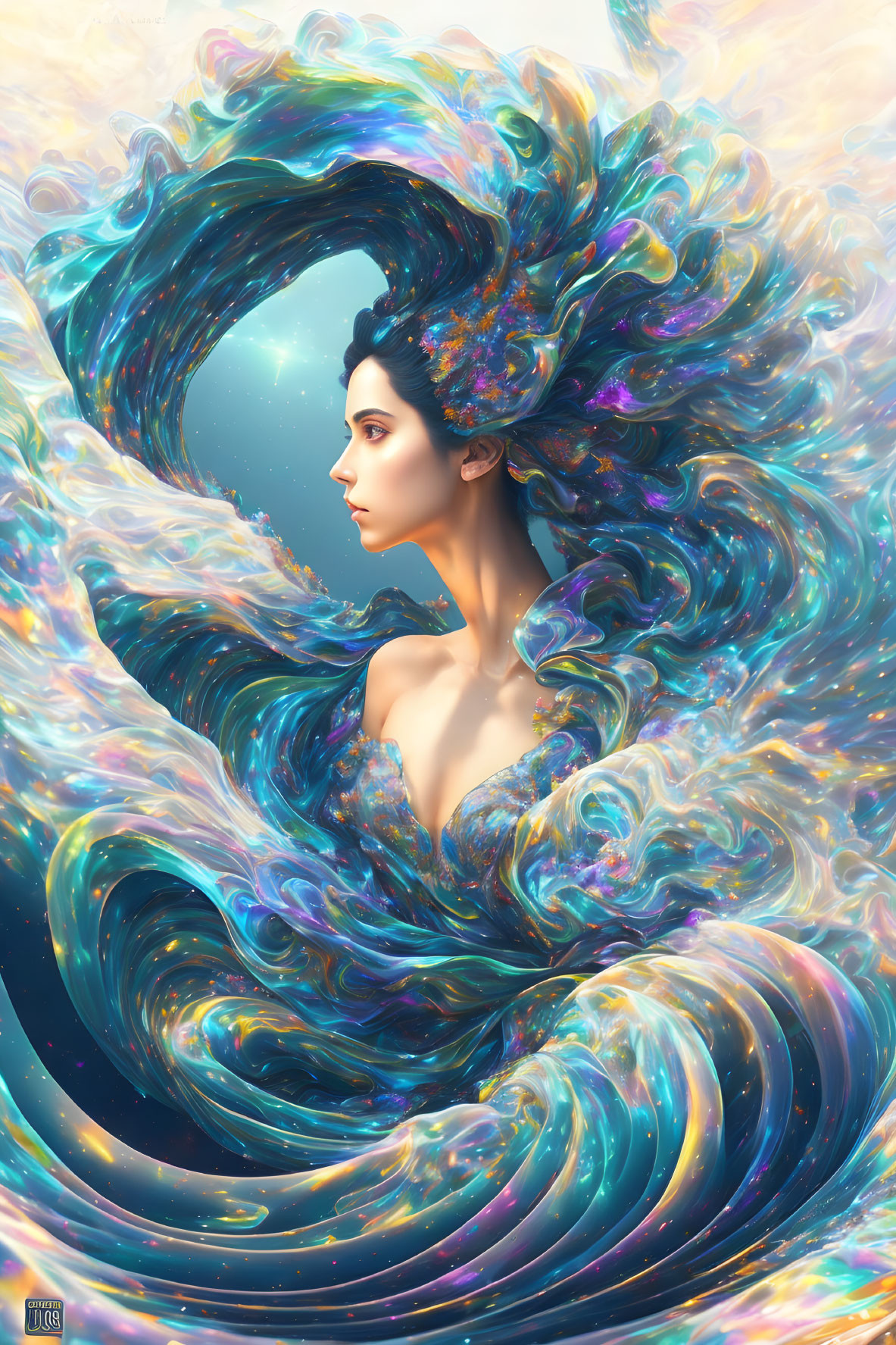 Vibrant surreal illustration: woman merging with swirling galaxy