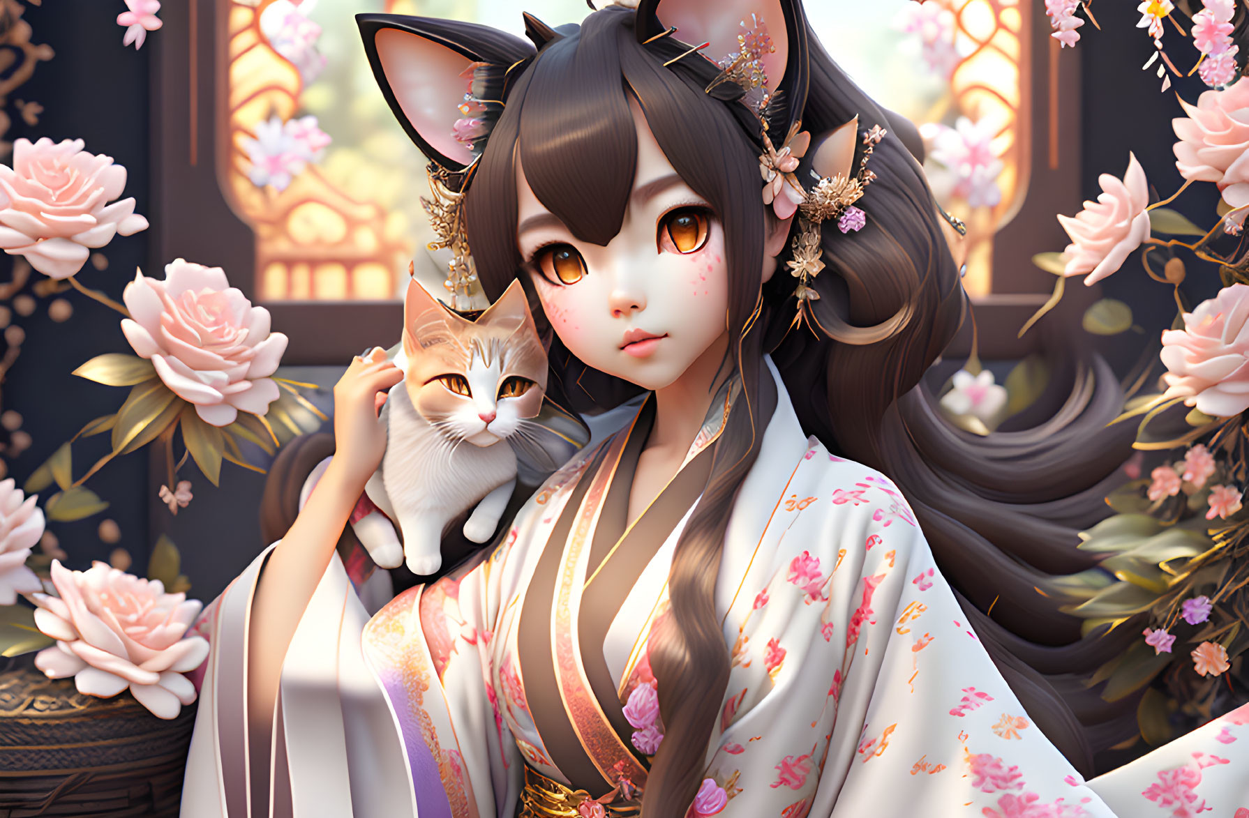 Girl with Cat Ears and Cat in Traditional Attire Surrounded by Pink Blossoms