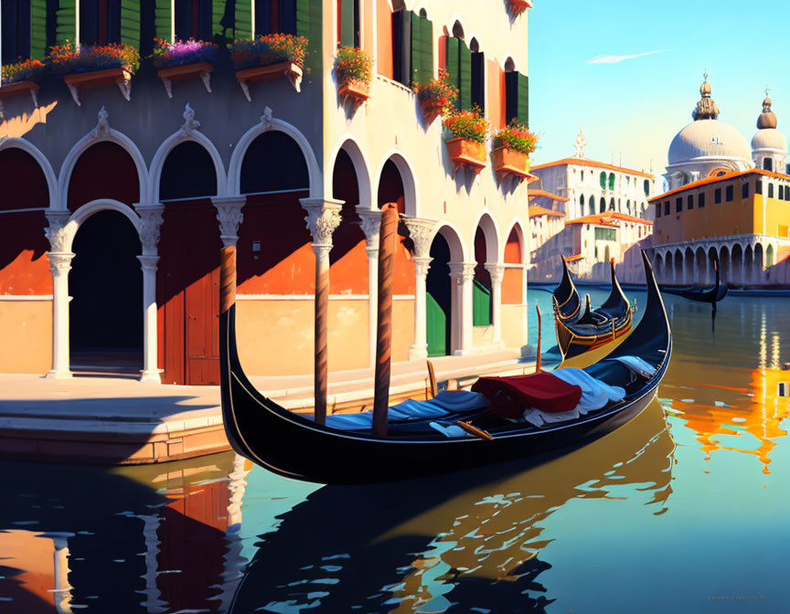 Venice Canal Scene with Gondola and Colorful Buildings