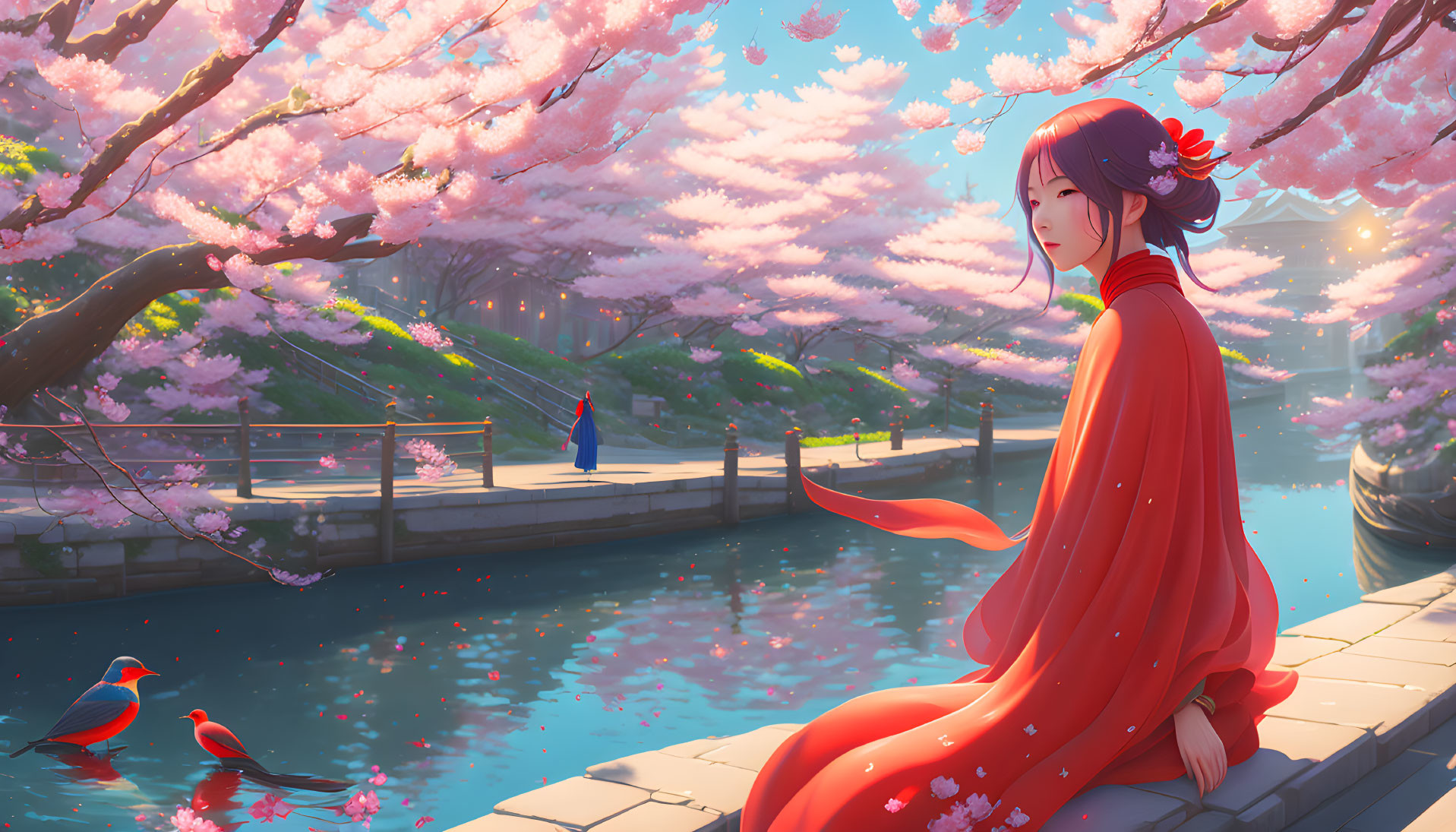 Animated depiction of woman in red dress under cherry blossoms by river