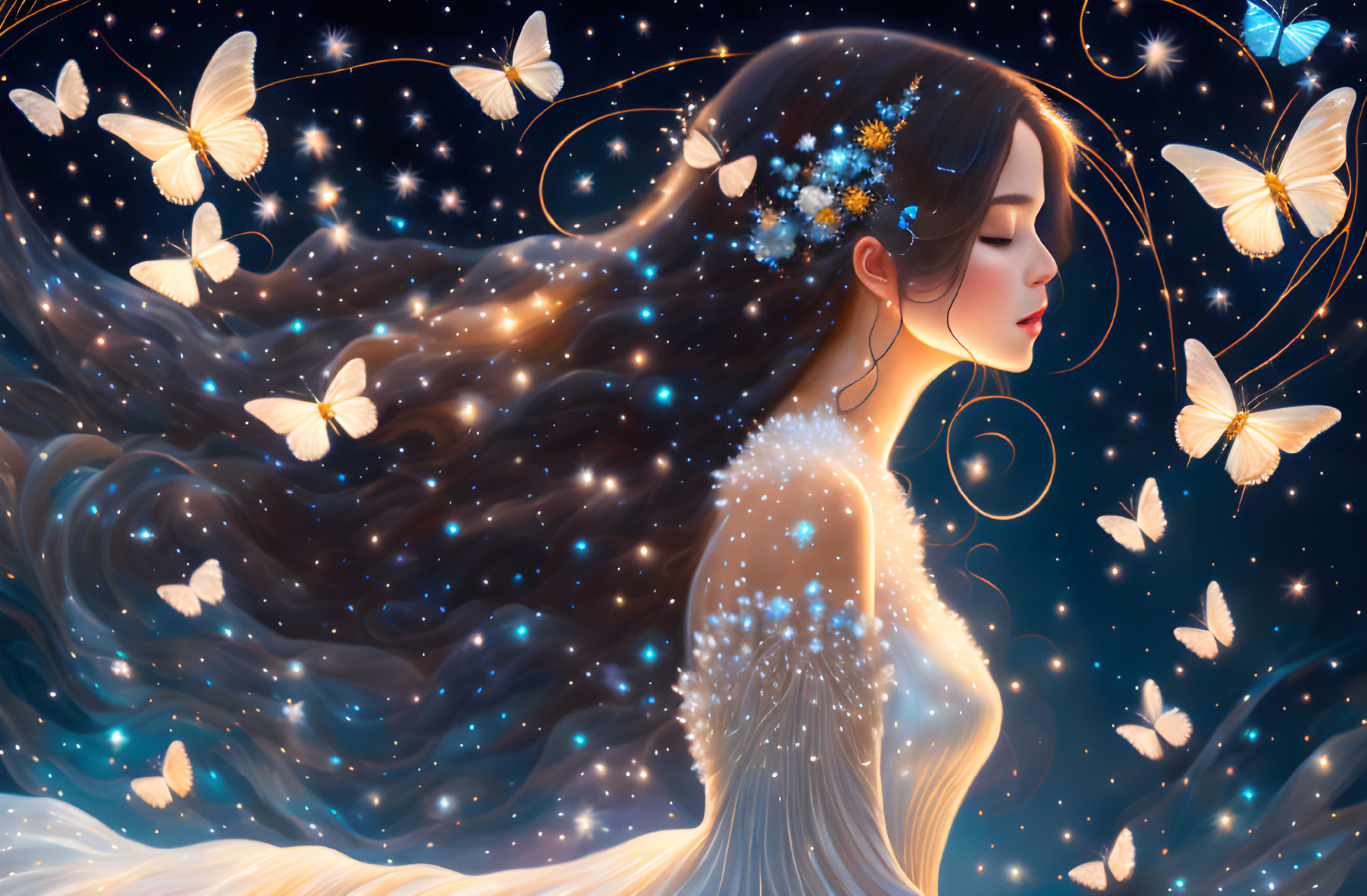 Illustration of woman with flowing hair and stars, surrounded by glowing butterflies on celestial background