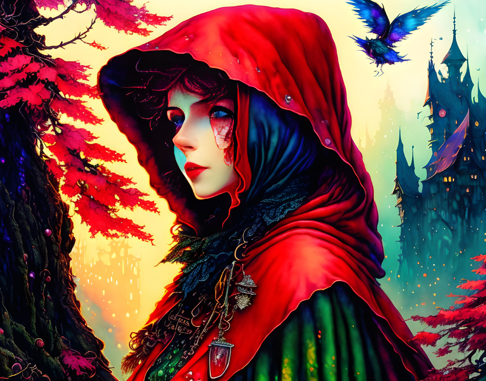 Illustration of person in red cloak in fantastical forest with castle and birds