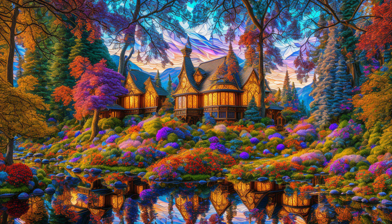 Colorful fantasy garden with cottage, autumn trees, flowers, pond, and mountains.