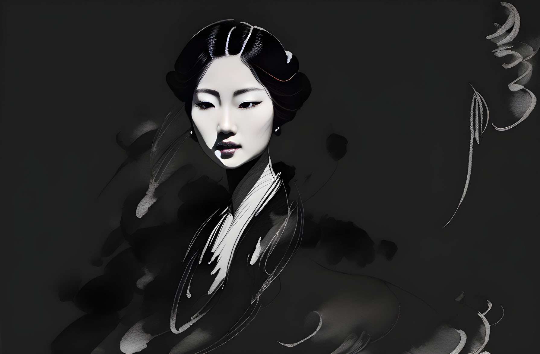 Monochrome digital art: East Asian woman with traditional hairstyle and makeup against abstract dark background