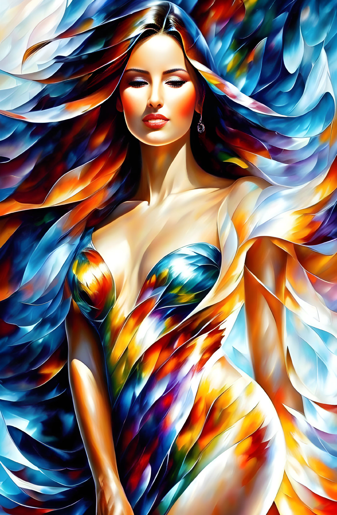 Colorful digital artwork of a woman with multicolored hair and abstract dress in blues, oranges,