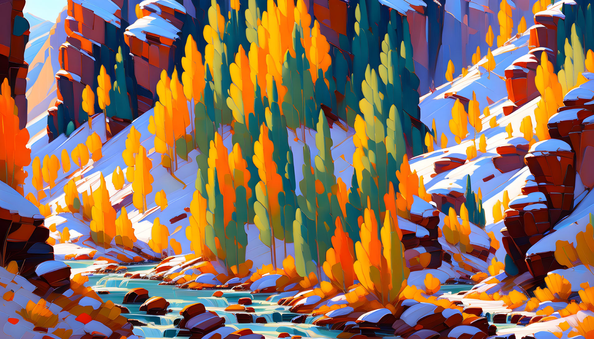 Colorful Autumn Forest with Stream & Rock Formations in Digital Art