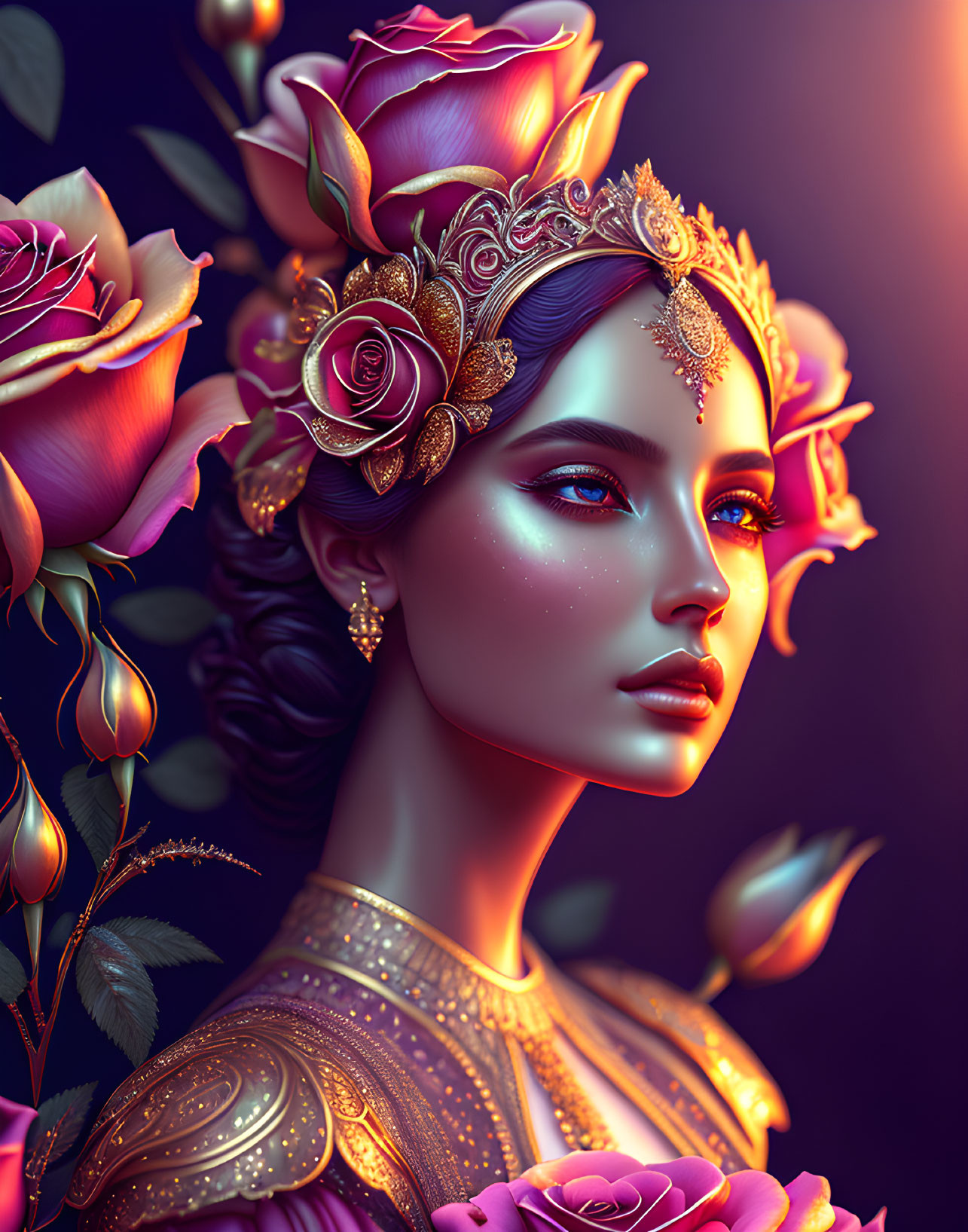 Illustrated woman with roses and gold jewelry on dark background