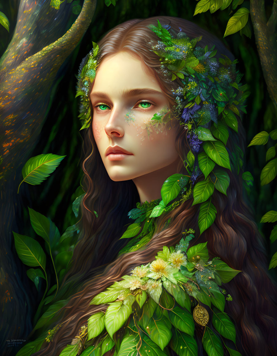 Portrait of young woman with green eyes and nature-inspired garland