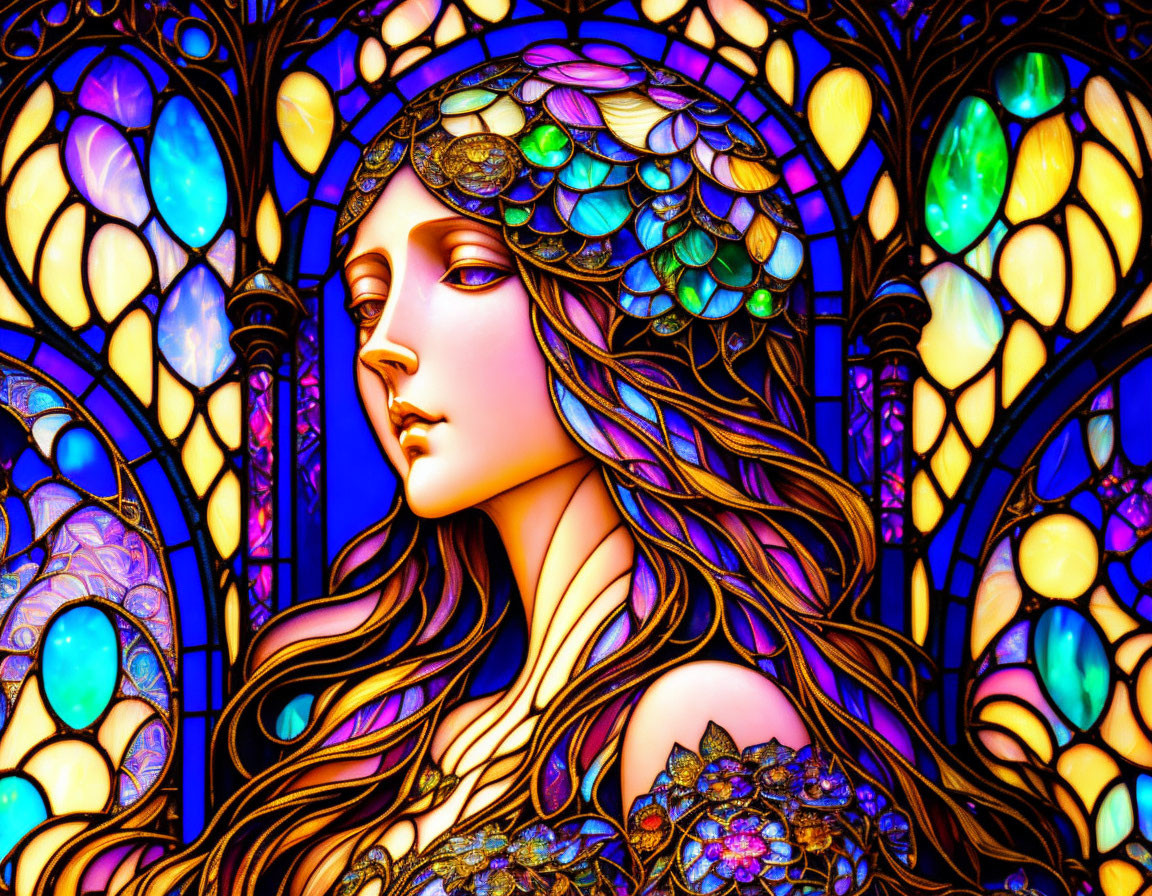 Colorful Stained Glass Art: Woman with Flowing Hair & Ornate Details