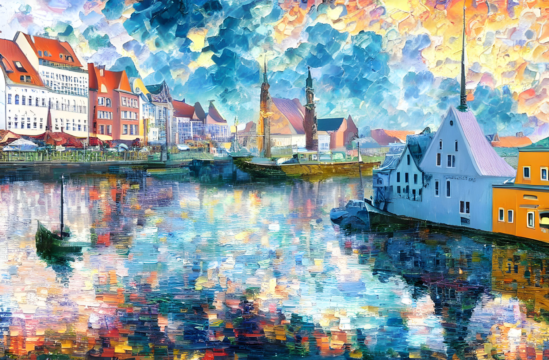 Impressionistic painting of European riverside town with colorful buildings and dramatic sky