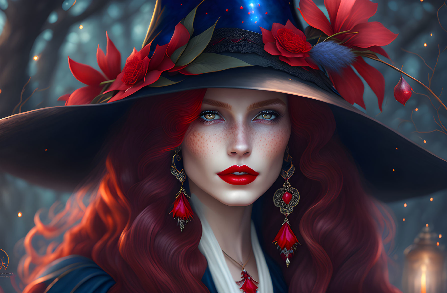 Portrait of a Woman with Red Hair, Freckles, Blue Eyes, and Floral Hat