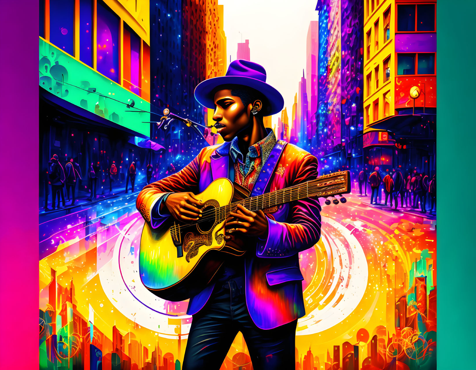 Stylish musician playing guitar in vibrant city scene