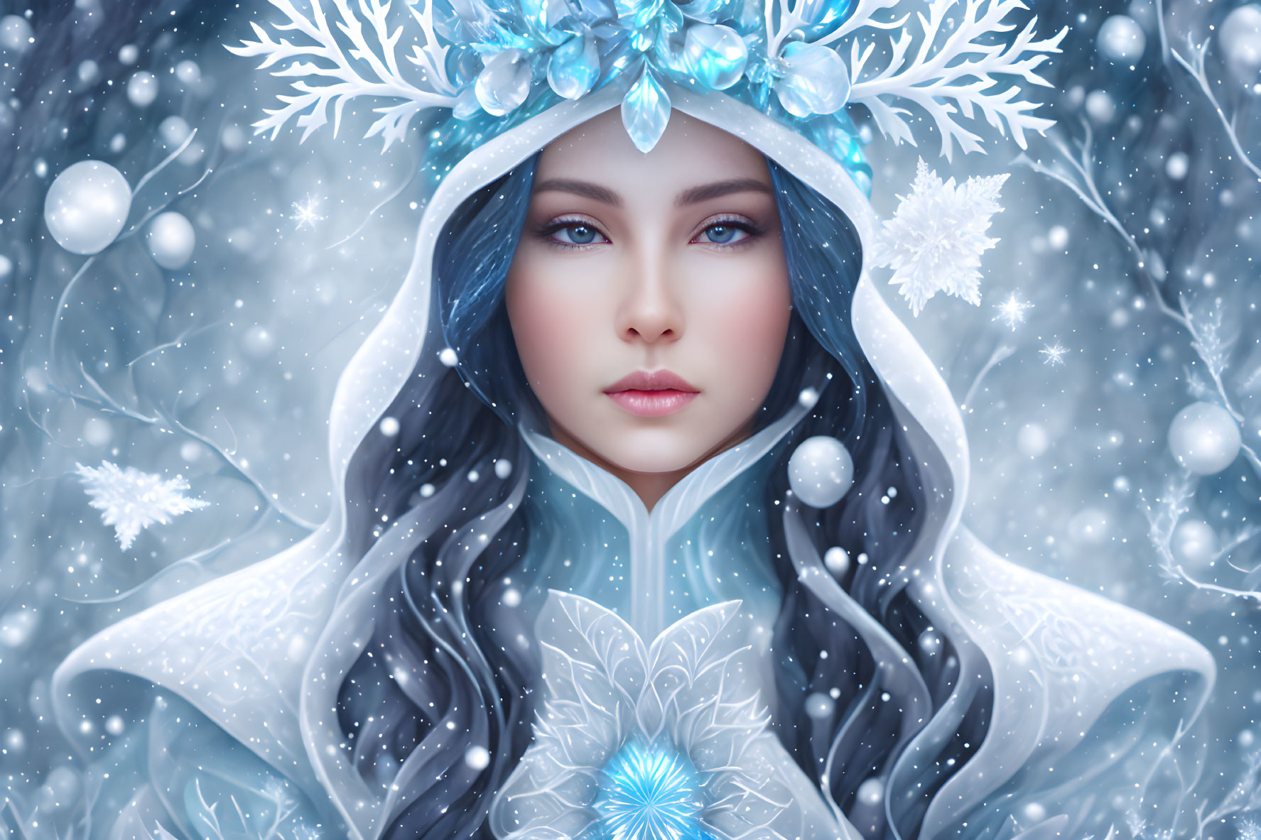 Ethereal figure with ice crystal crown in snowy backdrop