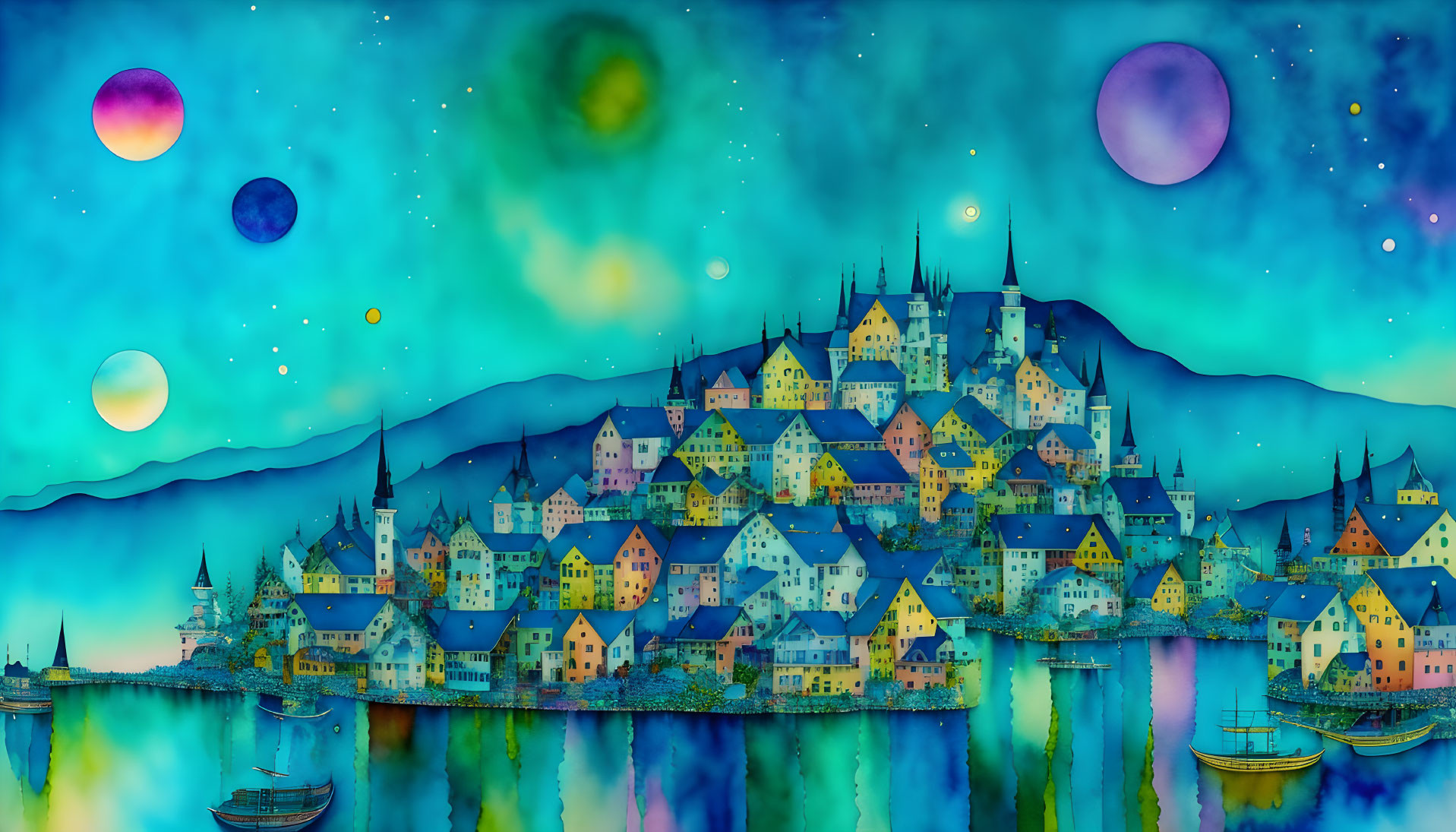 Colorful artwork: Quaint town, moons, starry sky, water reflections