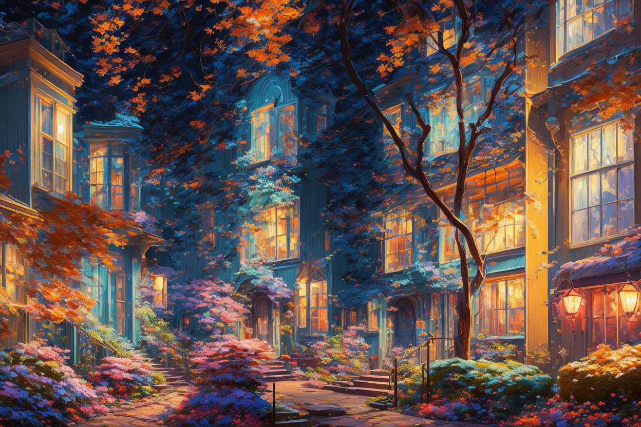 Cozy autumn street scene with illuminated windows and trees at dusk