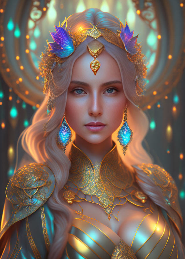 Blonde fantasy character with golden crown and armor