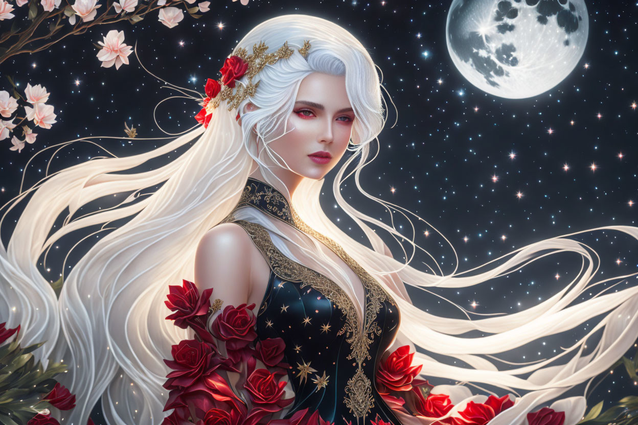 Ethereal woman with white hair and red flowers under starry night sky