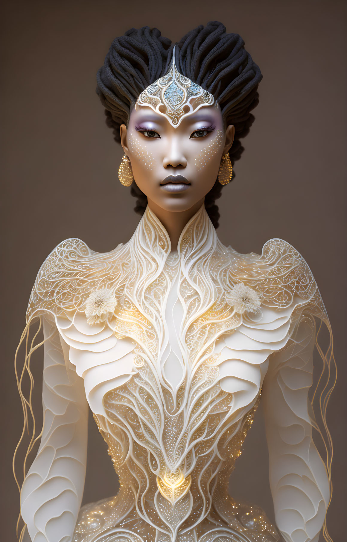 Elaborate Hair and Ornate Makeup in White and Gold Costume