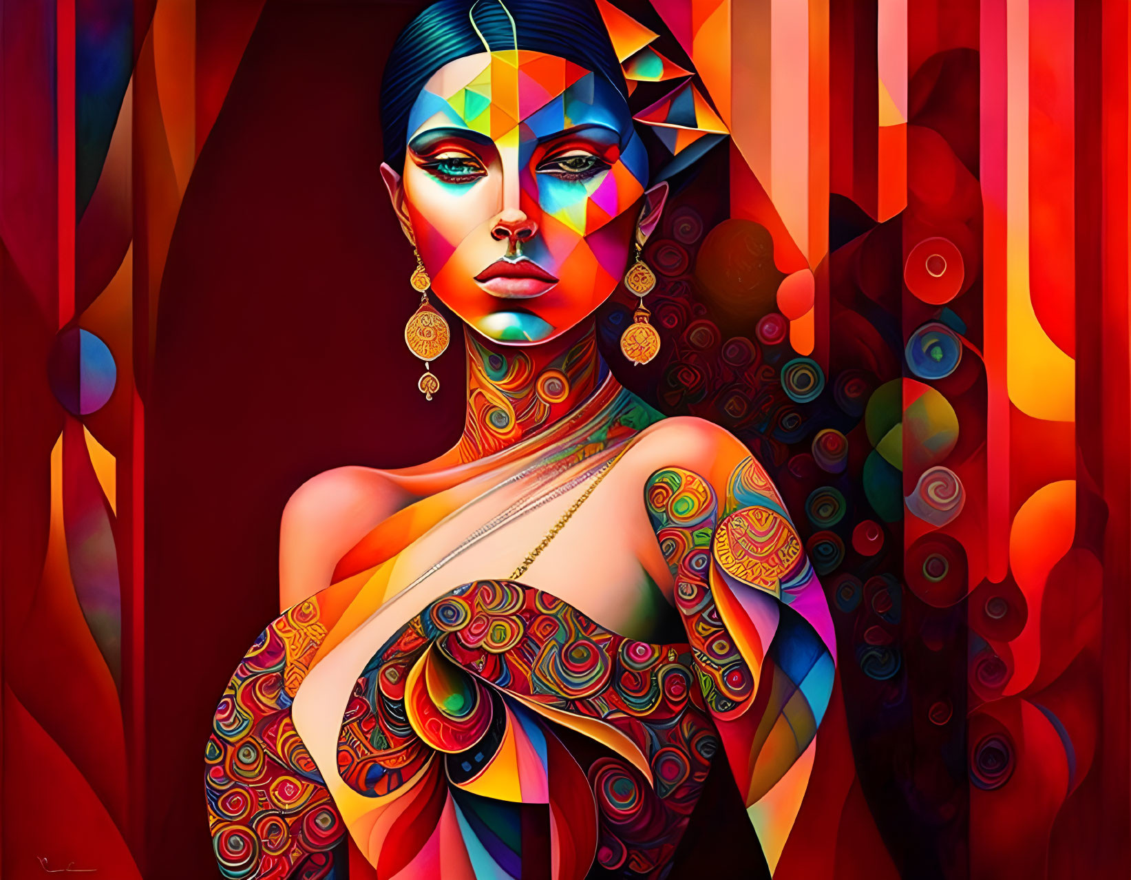 Colorful Stylized Portrait of Woman with Geometric Patterns