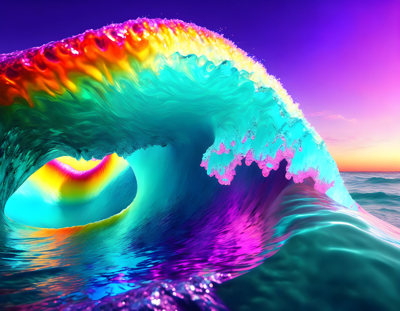 Colorful Ocean Wave with Rainbow Sunset Skyline