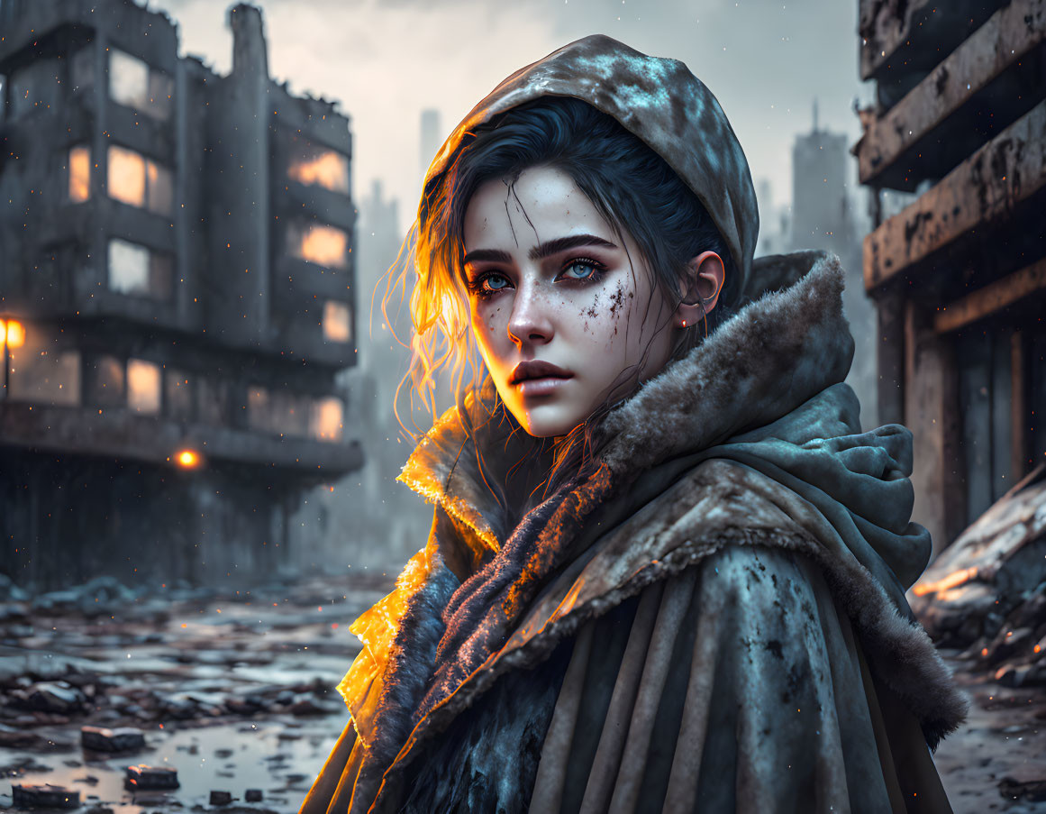 Digital Art: Young Woman with Blue Eyes in Hooded Cloak Amidst War-Torn Buildings