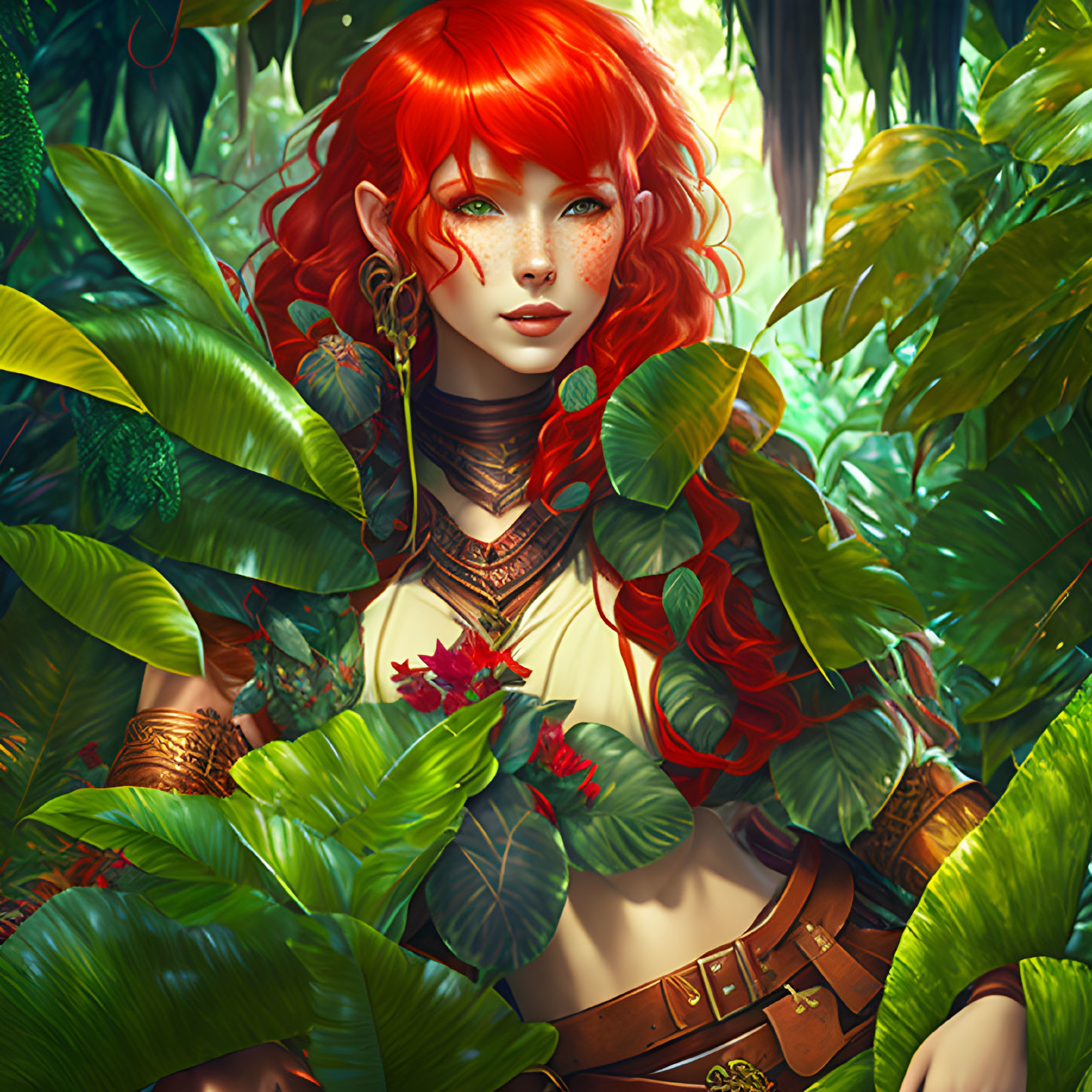 Illustration of woman with red hair and pointed ears in fantasy outfit surrounded by lush green foliage