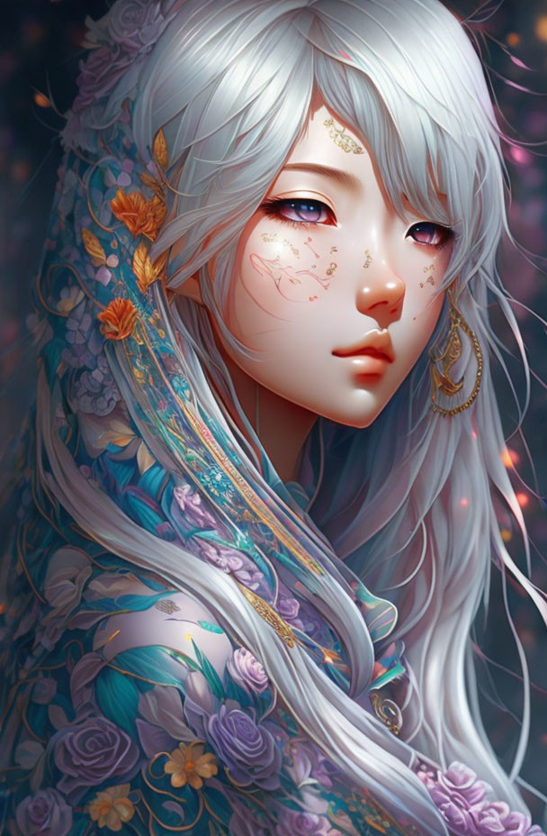 Fantasy-themed illustration of a person with pale skin, silver hair, gold jewelry, and floral garment