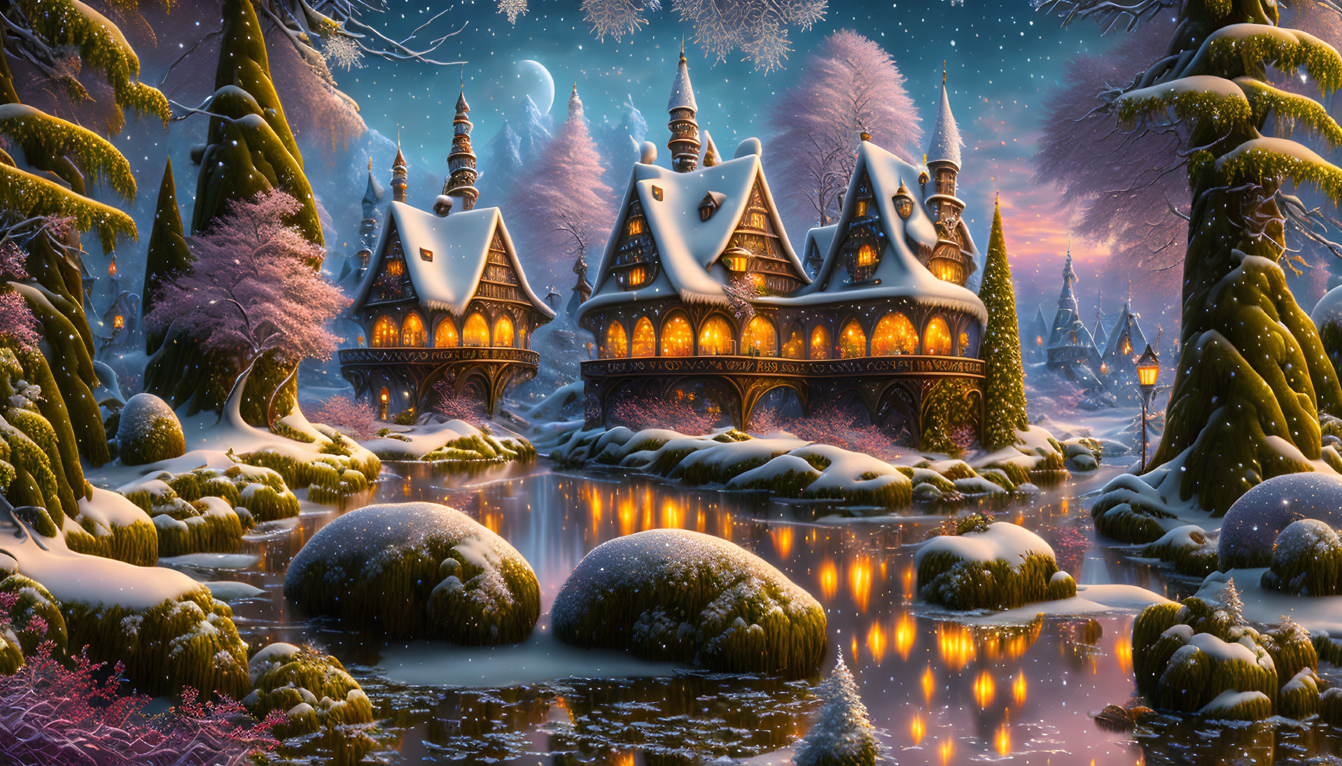 Snowy village with frozen lake and magical night sky