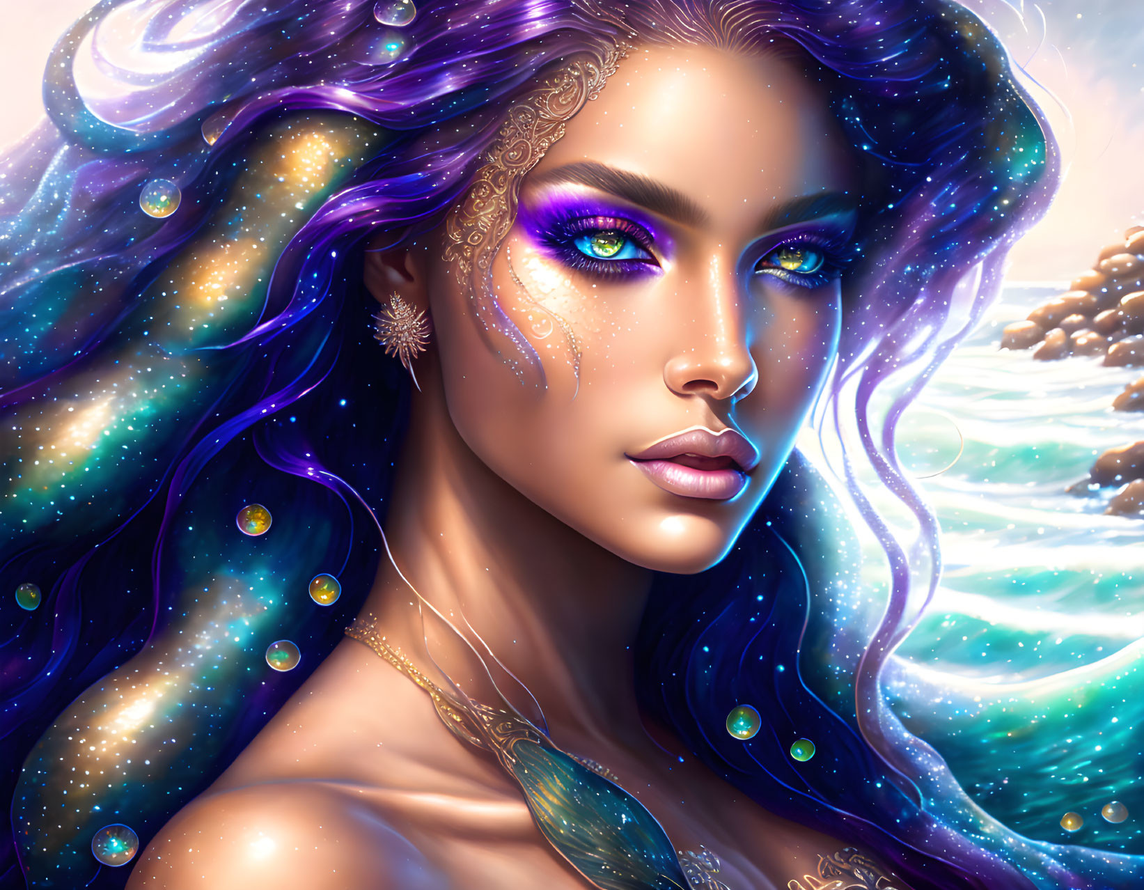 Fantasy portrait: Woman with galaxy hair, blue eyes, golden adornments, stars & seash