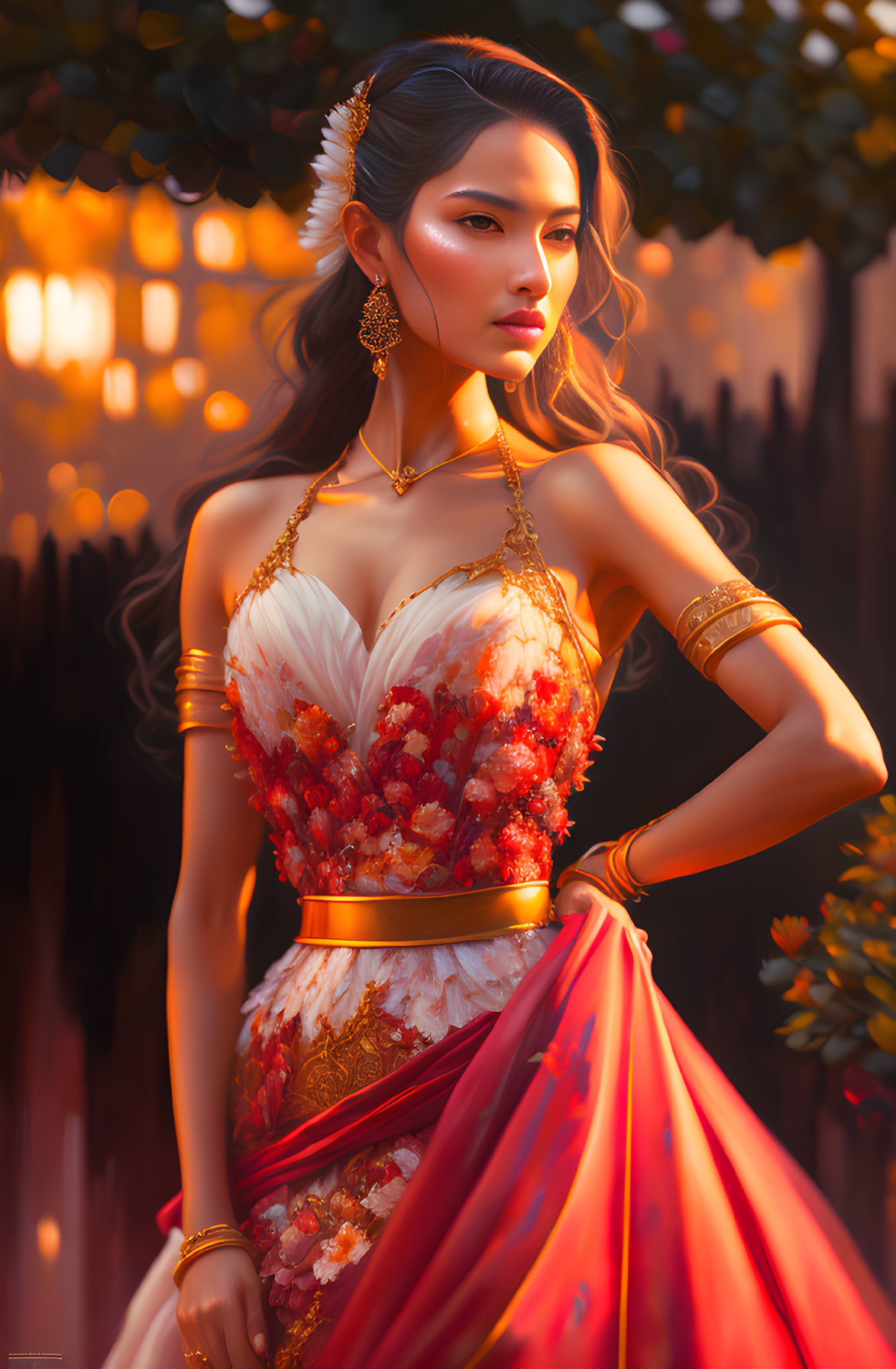 Luxurious woman in red and gold dress with floral details and jewelry in enchanted forest.