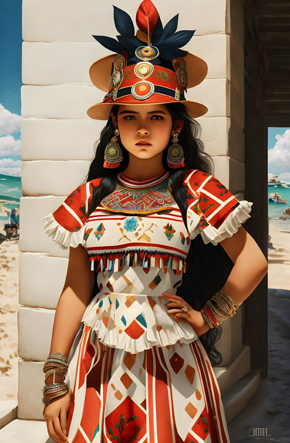 Traditional Mesoamerican woman in ornate attire by the beach