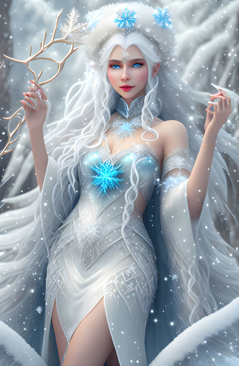 Illustrated Snow Queen in Intricate Icy-Blue Attire