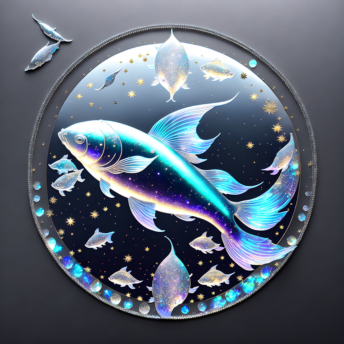 Colorful Koi Fish and Small Fishes in Cosmic Circular Frame